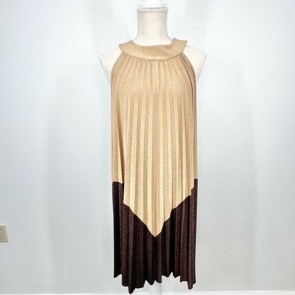 NWT Free People Pleated Love Mini Dress Gold Brown Shimmer Medium - Picture 2 of 10